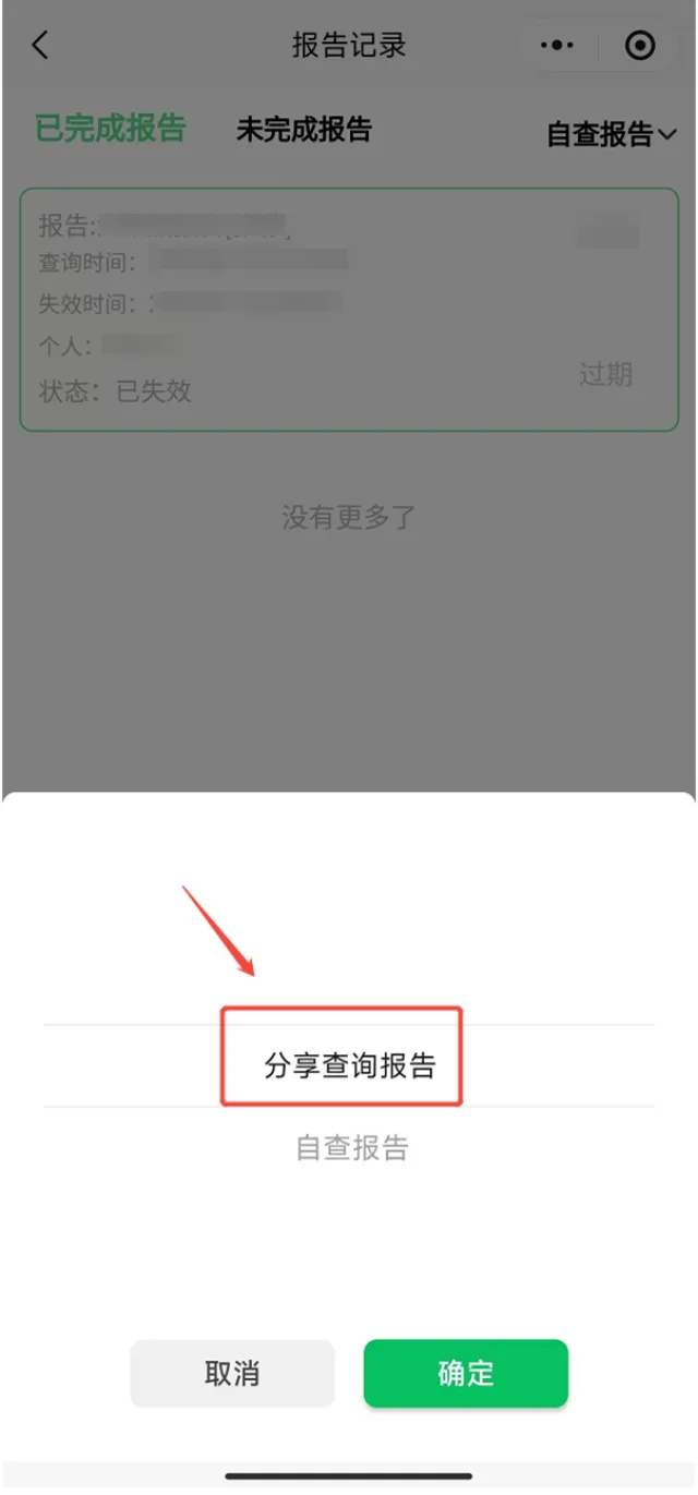 极客查小程序报告记录页选择分享查询报告点击确定