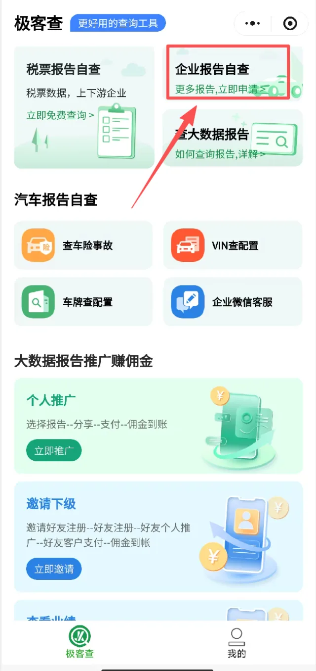 极客查小程序首页点击企业报告自查入口